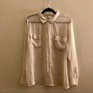 Jaclyn Smith Sheer Ivory Button Up Blouse with Gold Floral Print